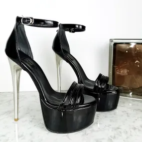 Black Gloss Metallic Heel Platform Sandals