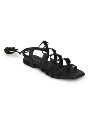 Black PU Lace Up Gladiator Sandals