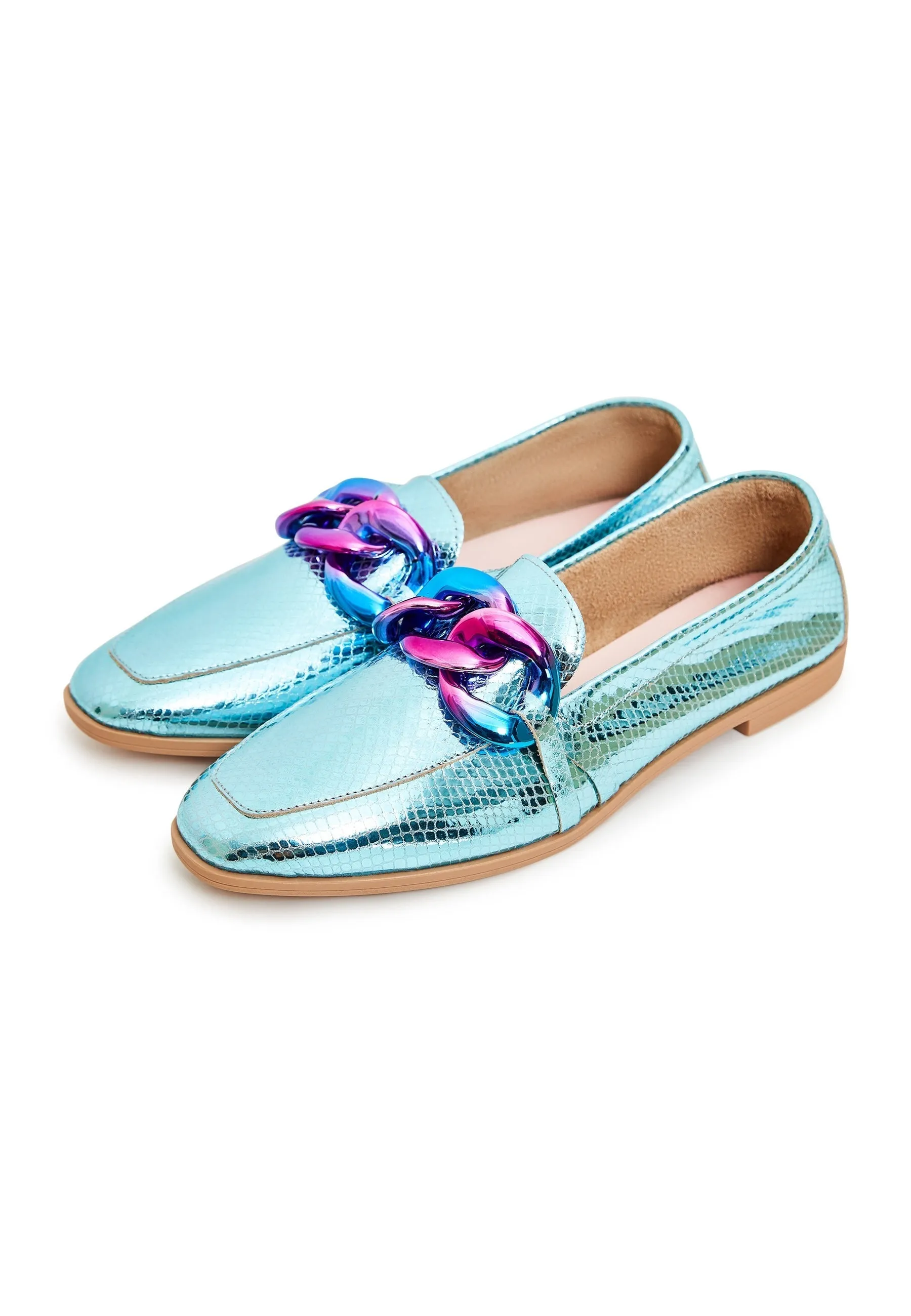 Classic Leather Flat Sole Loafers - Metallic Blue