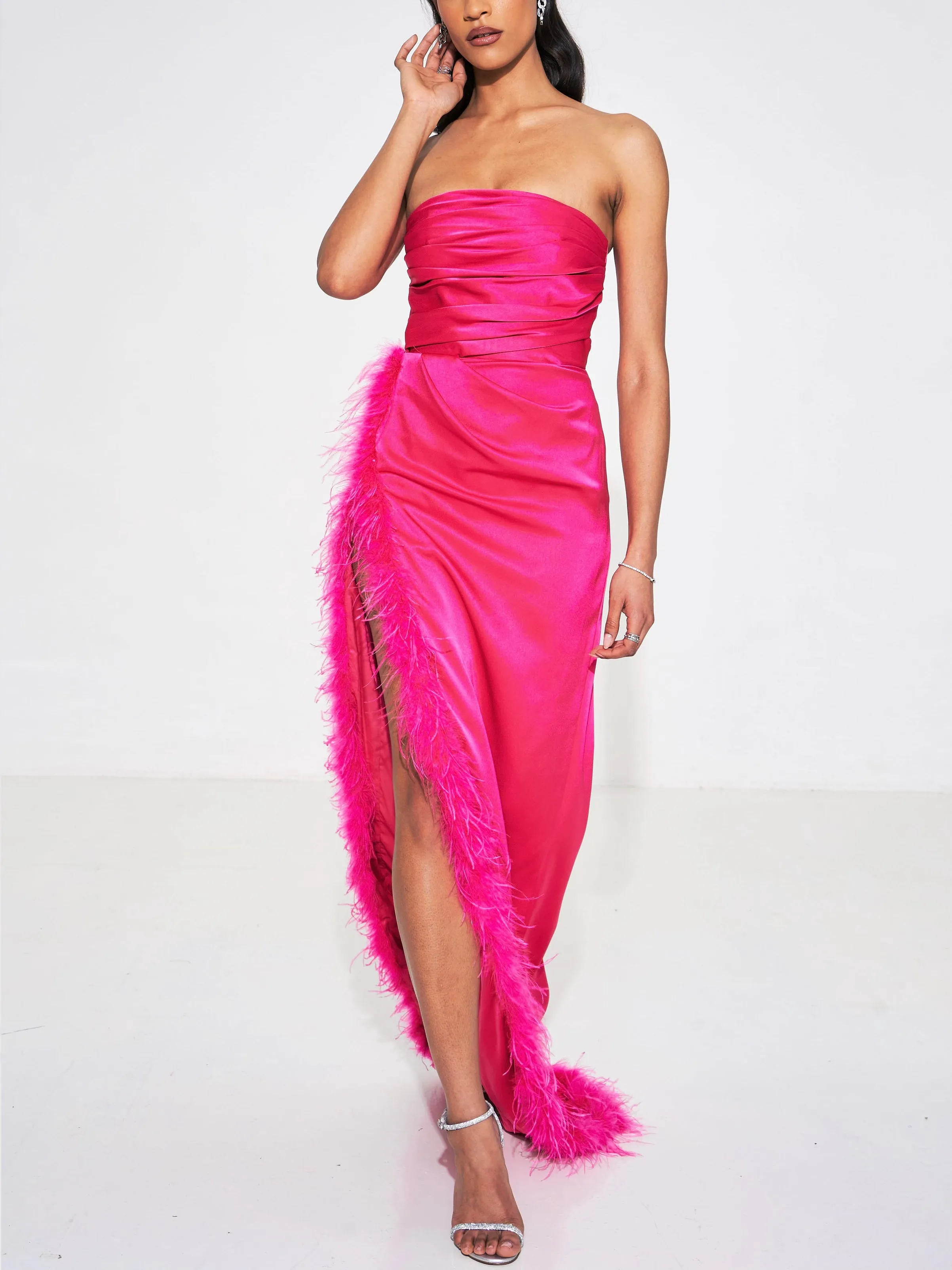 Perrin Fuchsia Pink Feather Graceful Dress High Slit Gown