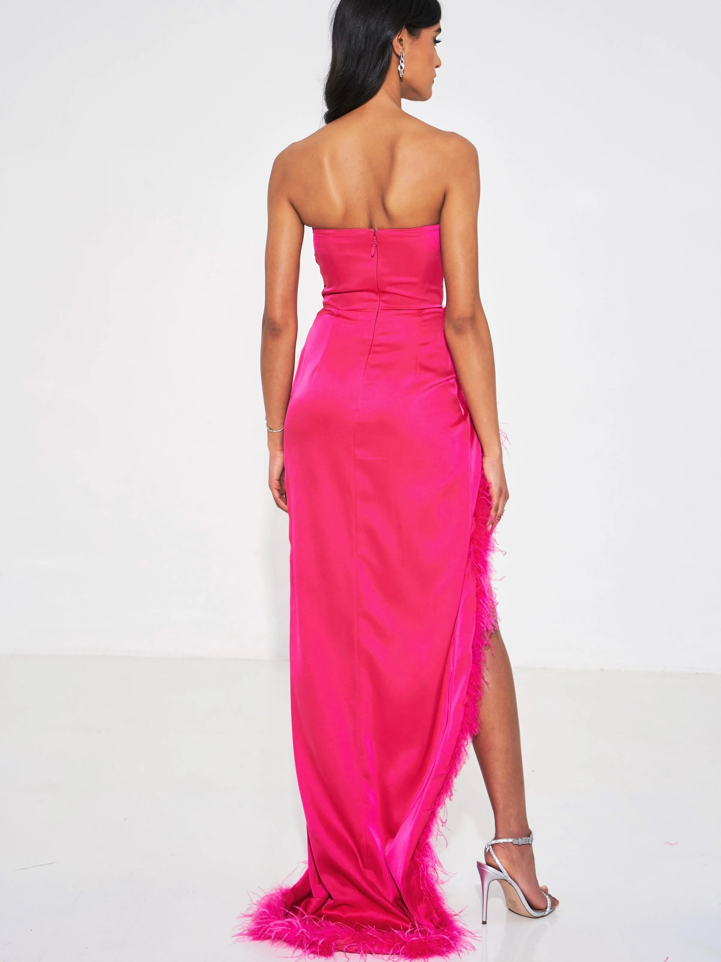 Perrin Fuchsia Pink Feather Graceful Dress High Slit Gown