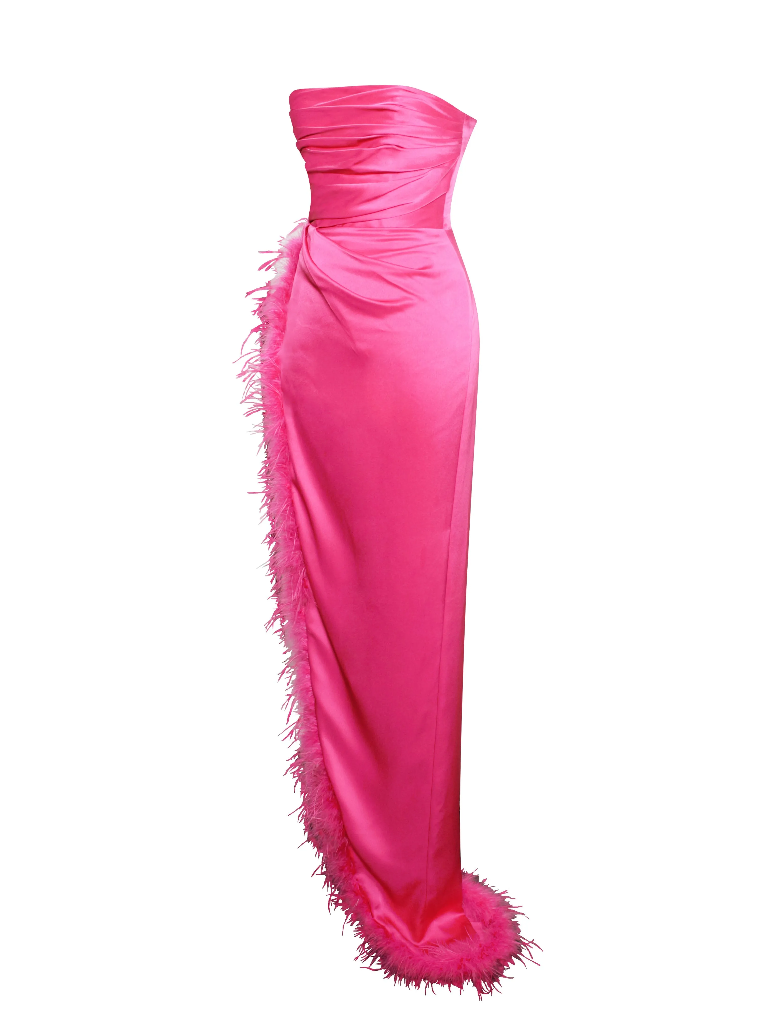 Perrin Fuchsia Pink Feather Graceful Dress High Slit Gown