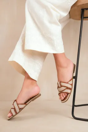 PRAGUE CROSS OVER STRAP FLAT SANDALS IN TAN FAUX LEATHER