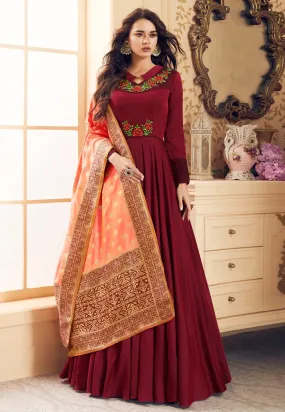 Red And Peach Embroidered Satin Anarkali Suit